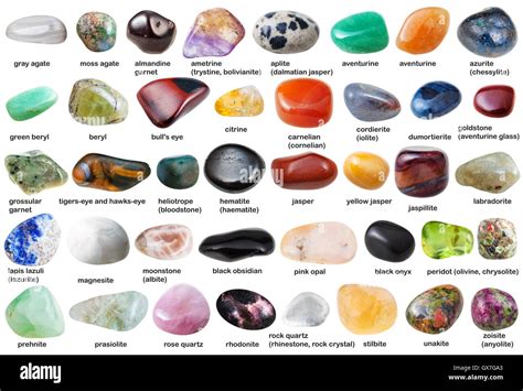 Collage From Various Tumbled Gemstones With Names Isolated On White