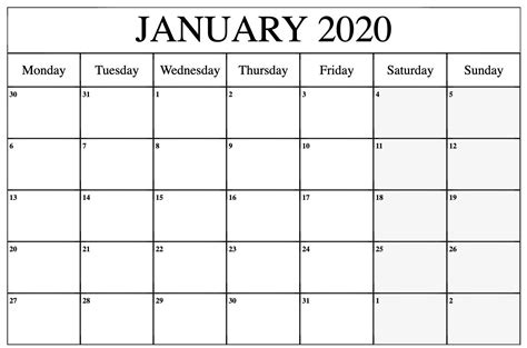 Printable Calendar January 2020 Word Month Calendar Printable