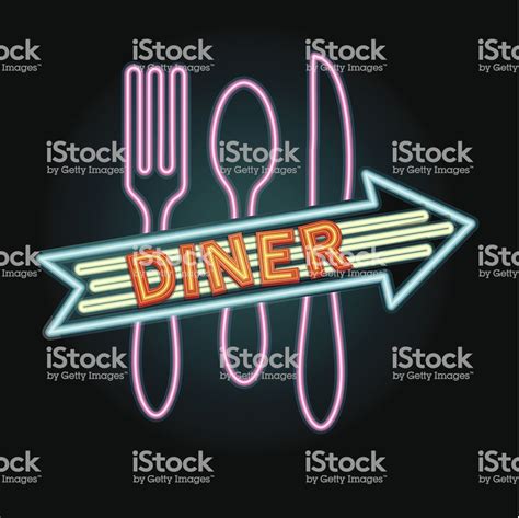 Late Night Retro Diner Neon Sign With Utensils Royalty Free Late Night Retro Diner Neon Sign