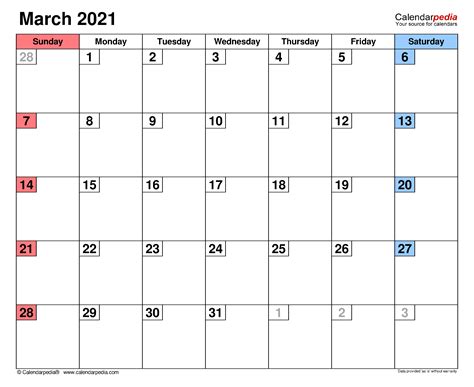 First day of the week: March 2021 Calendar | Templates for Word, Excel and PDF