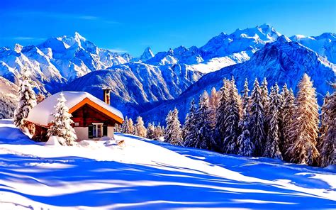 Download Wallpapers 4k Alps Winter Mountains Hut