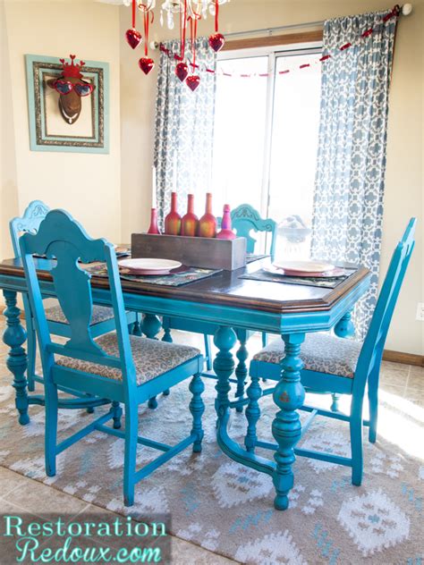 Navy blue kitchen cabinets with overlays. Turquoise Dining Table - Daily Dose of Style