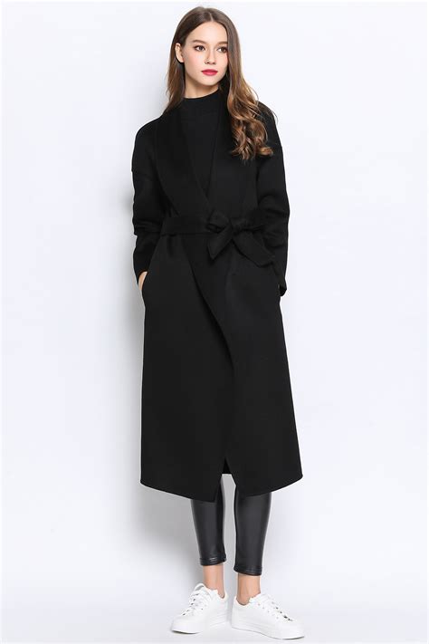 Black Winter Belt 100 Cashmere Wool Blend Maxl Jacket Woolen Long Coat