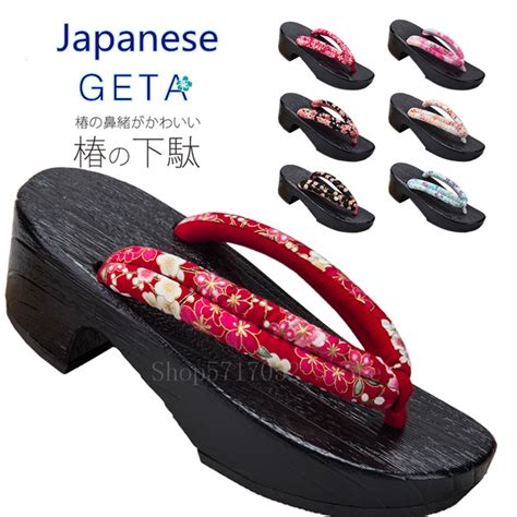 japanese traditional woman clogs high heels wooden geta floral cosplay costume summer beach