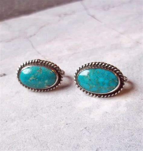 Vintage Turquoise And Sterling Silver Oval Screwback Earrings
