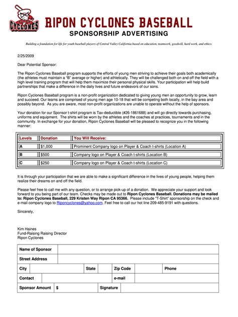 Baseball Sponsorship Letter Fill Online Printable Fillable Blank