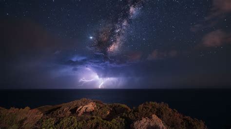 Wallpaper Milky Way Storm Landscape Sky Lightning Nature Stars