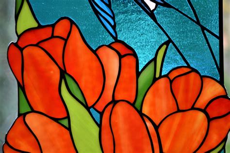 Spring Stained Glass Panel Glass Birds Glass Flowers Tulips Etsy