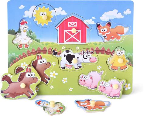 Wooden Peg Puzzle Traffic Farm Animal Jigsaw For 1 4 Year Olds Baby