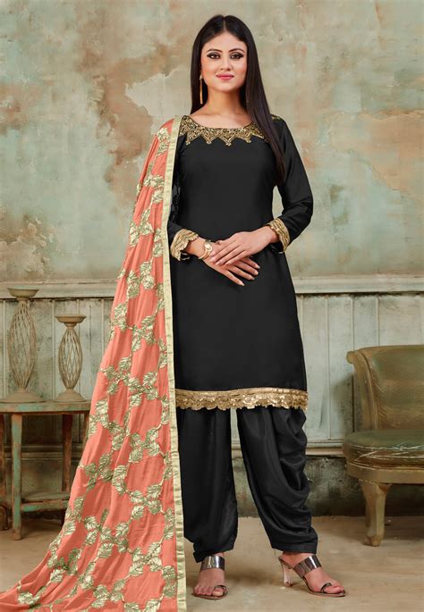 Black Satin Punjabi Suit 182954 Patiala Salwar Suits Patiala Salwar