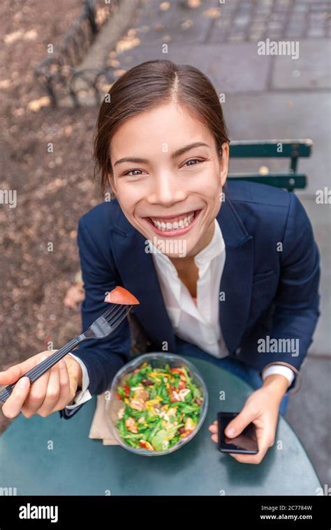 Lunch Break Healthy Eating Asian Business Woman Ready To Eat Salad Bowl