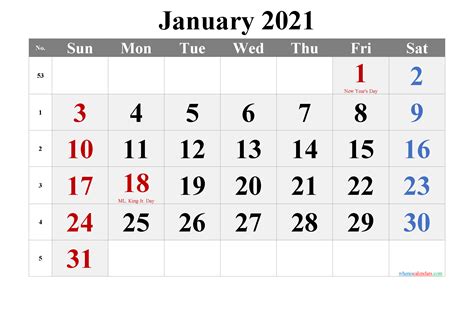 Printable January 2021 Calendar With Holidays Template Notr21m61