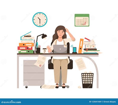 Busy Female Office Worker or Clerk Sitting at Desk Completely Covered