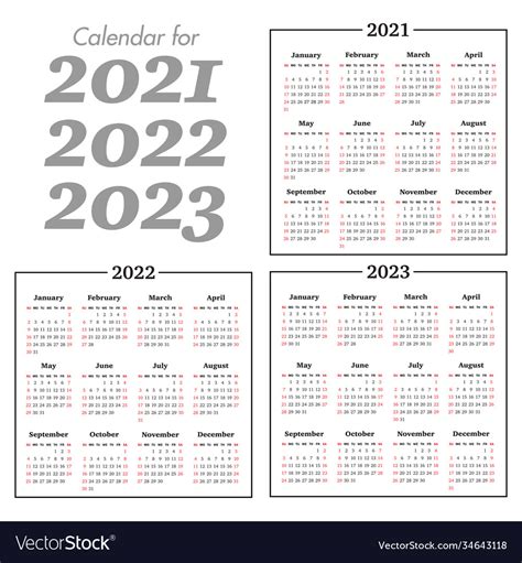 Calendar For 2021 2022 2023 Years Week Royalty Free Vector