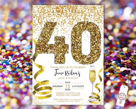 Gold 40th Birthday Confetti Champagne Invitation Template White Glitter Editable Birthday Party