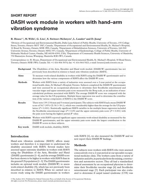 Pdf Dash Work Module In Workers With Hand Arm Vibration Syndrome