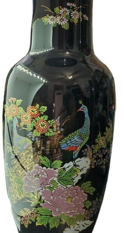 Vintage Black Interpur Japan Vase With Peacock Floral Flowers Made In