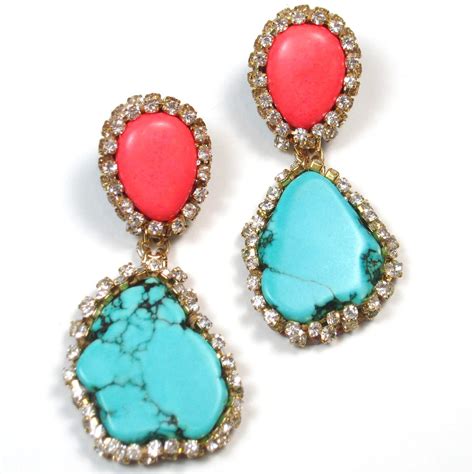 Statement Earrings Turquoise Coral And Crystal Embellished