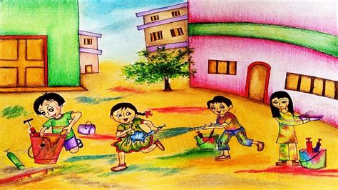 Holi Drawing How To Draw Holi Scene Step By Step Holi Festival
