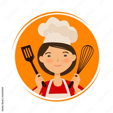 Cooking Cuisine Logo Cute Girl In Chef Hat Cartoon Vector Illustration Stock Vector Adobe Stock