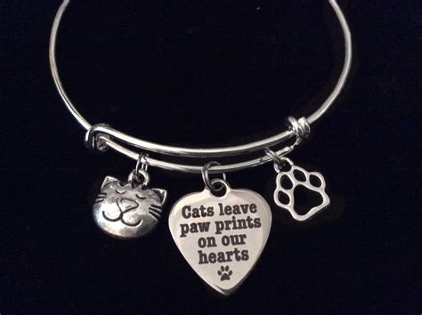 Cats Leave Paw Prints On Our Heart Charm On A Silver Expandable Adjust