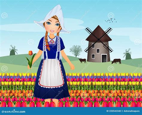 Illustration Of Dutch Woman Stock Illustration Illustration Of Tulips