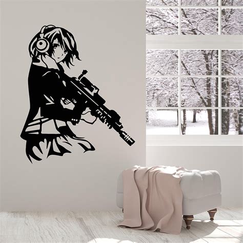 Free Shipping Cool Anime Girl With Gun Headphones Vinyl Wall Decal Home