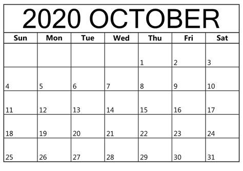 Printable Calendar For October 2020 Blank Template Download June 2019