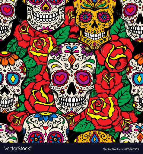 Seamless Pattern With Mexican Sugar Skulls And Vector Image