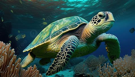 Sea Turtle Swimming On A Coral Reef Background Pictures Of Sea Turtles