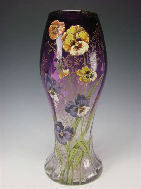 Antique Moser Bohemian Hand Painted Enamel Pansy Pansies Amethyst Glass Vase Vase Pansies