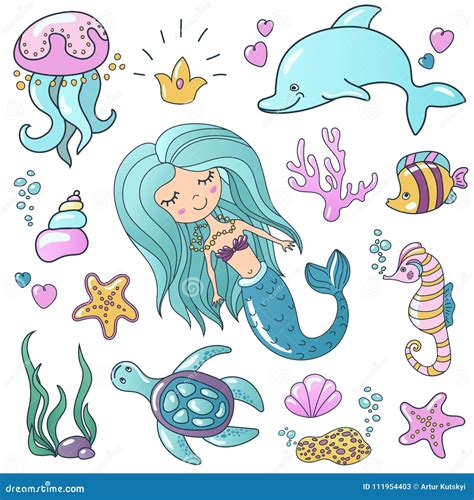 Marine Illustrations Set Little Cute Cartoon Mermaid Siren Tropic