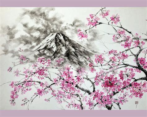 Cherry Blossom With Mount Fuji Japanese Ink Painting Japanese Art Ink