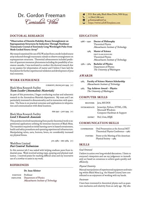 Depending on what type of master's program you're applying to, you may be asked to prepare either a resume or a cv. LaTeX Templates » Freeman Curriculum Vitae