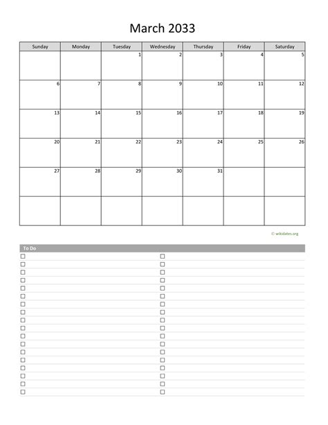 March 2033 Calendar With To Do List