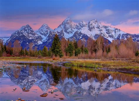 Usa Mountain River Wyoming Clouds Sky Forest Autumn Reflection
