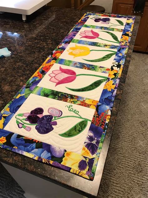 Machine Embroidery Design In The Hoop Spring Flowers Table Runner
