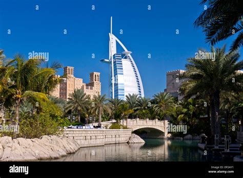 The Madinat Jumeirah And The Burj Al Arab Hotel In Dubai Uae Stock