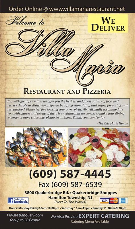 Menu Villa Maria Restaurant And Pizzeria