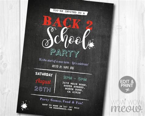 Back To School Party Invites Invitations Instant Download Chalk Note