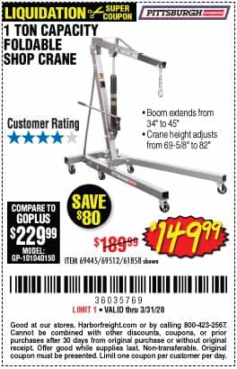 We cut out the middleman and pass the savings to you! PITTSBURGH AUTOMOTIVE 1 Ton Capacity Foldable Shop Crane ...
