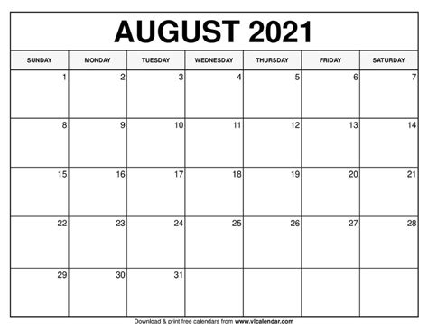 August 2021 Calendar Free Printable Calendar Calendar Printables