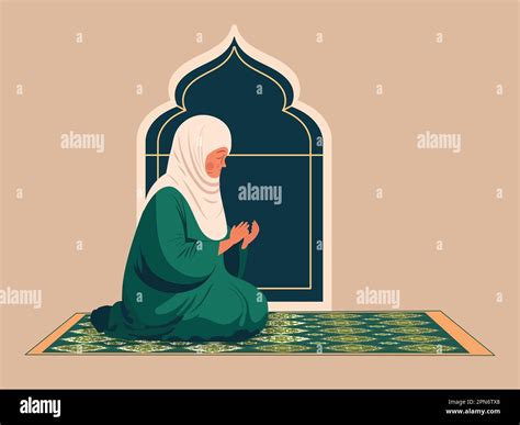 Muslim Elderly Woman Character Offering Prayer Namaz On Mat And Copy