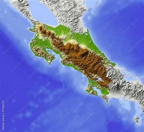 Costa Rica Shaded Relief Map Colored For Elevation Stock