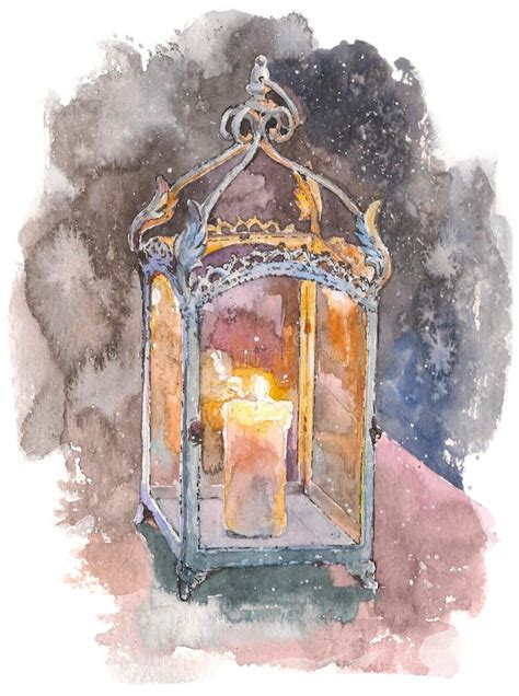 Watercolor Christmas Lantern With Candle Hand Painted Traditional