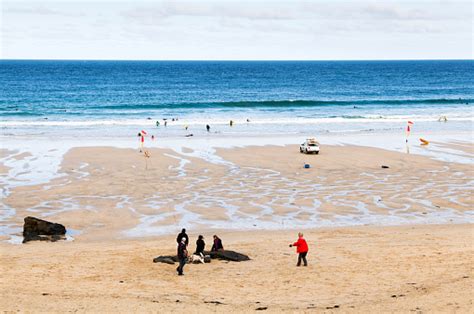 Porthmeor Beach With Surfers Stock Photo Download Image Now Beach