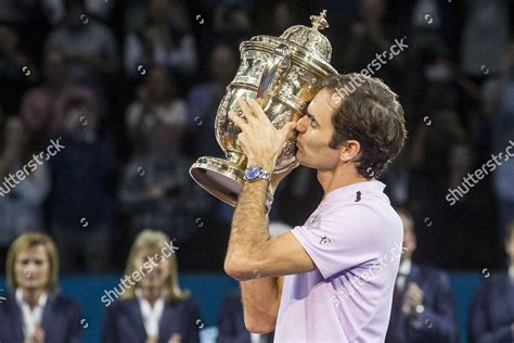 Switzerlands Roger Federer Kisses Trophy During Editorial Stock Photo