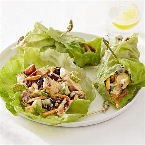 Place 1 cup of chicken salad along the center of the leaf. Curry Chicken Salad Lettuce Wraps Recipe - EatingWell