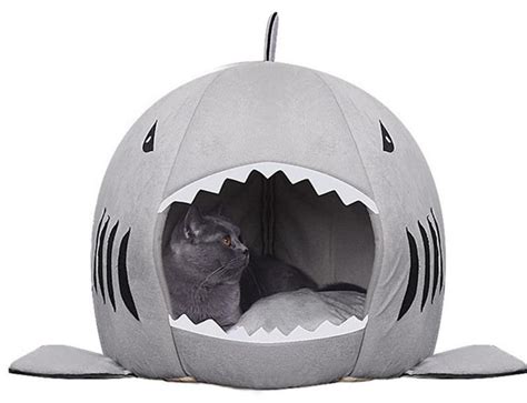 Buy 2 In1 Shark Shaped House Warm Pet Bed Medium Grey At Mighty Ape