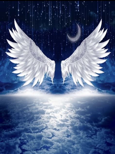 Two White Angel Wings With The Moon In The Sky Above Them On A